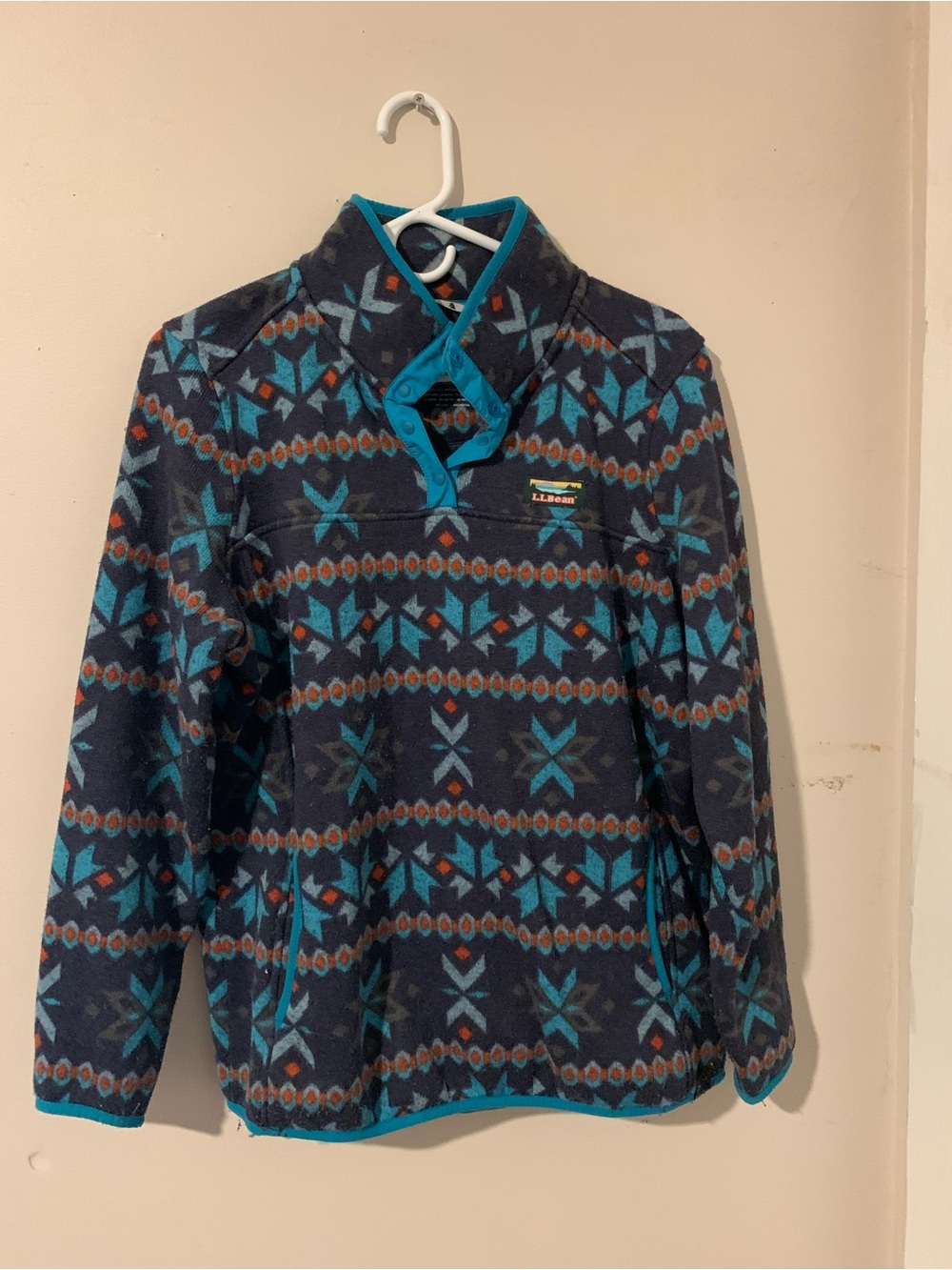 L.L. Bean Navy Fleece Pullover with Teal and Brown Pattern